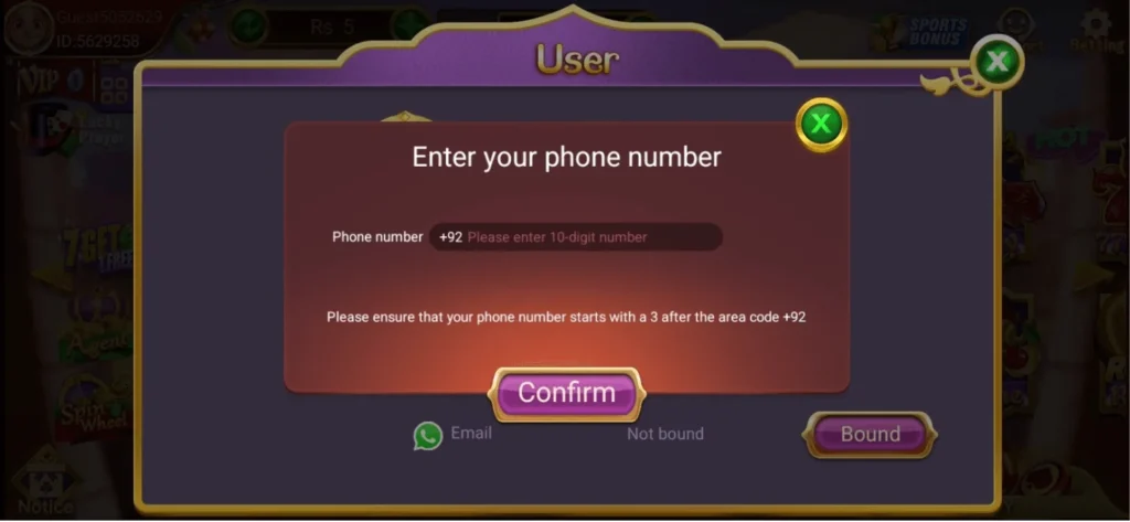 3 Patti Loot login screen — enter Pakistan +92 phone number to verify Teen Patti Loot account